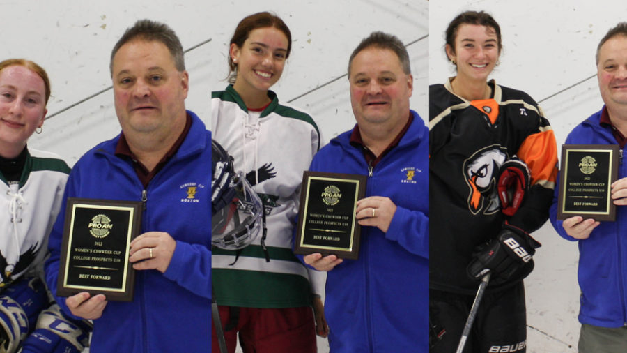 2022 Women’s Chowder Cup College Prospects All-Tourney Forwards: Chelsea Donovan, Ellie Perkins (CT Jr. Eagles) and Grace Flannery (WC Swans)